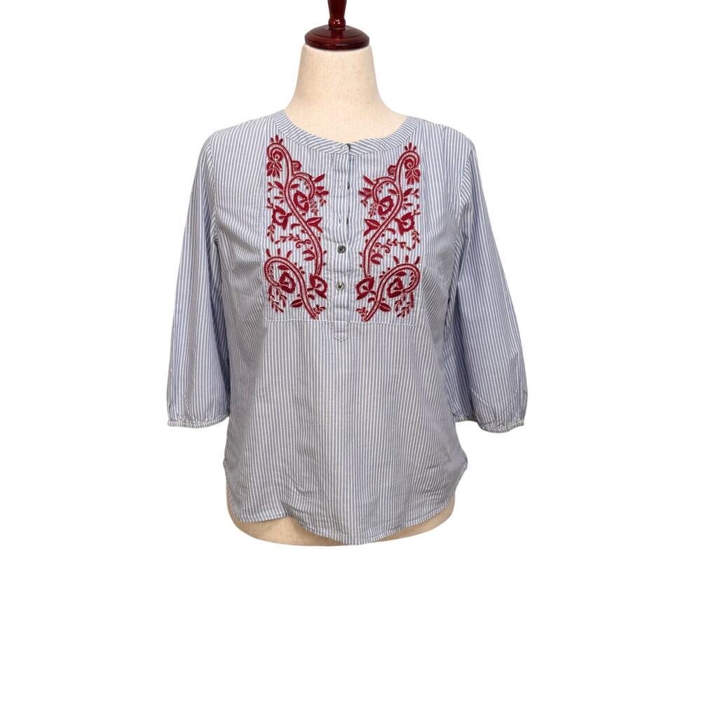 Talbots tunic light blue & white stripe red embroidery 3/4 sleeves all cotton MP
